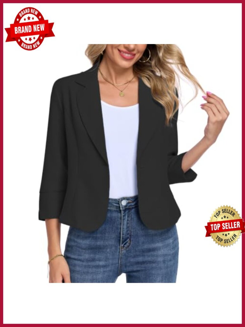 Women's Cropped Blazer 3/4 Sleeve Notch Lapel Business Casual